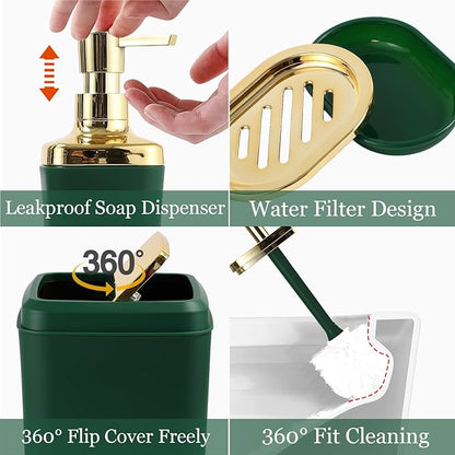Dark Green Bathroom Accessories Set, Green and Gold Bathroom Accessories with Trash Can, Soap Dispenser, Soap Dish, Toothbrush Holder and Q-tip Holders