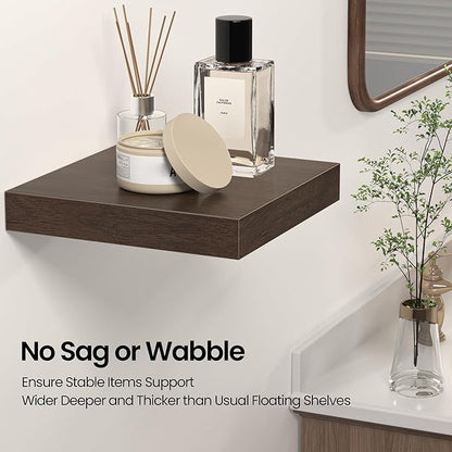 Square Floating Shelves for Wall, 10" W x 10" D x 1.2" H, Small Wooden Wall Mounted Display Shelves with Invisible Brackets for Living Room, Bedroom, Bathroom, Kitchen Decor, Set of 4, Walnut