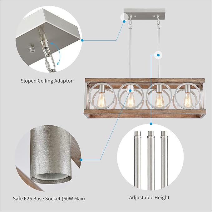 XINGQI Farmhouse Dining Room Chandeliers, Rectangle Vintage Hanging Lighting Fixtures, 4-Light Kitchen Island Lighting, Rustic Metal Chandelier Pendant Light, Antique Wood Grain XY082