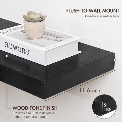 72 Inch Floating Shelves, 12" Deep Floating Shelf Wall Mounted, 72" Wall Shelves, Rustic Deep Bookshelf, Extra Deeper & Thicker Display Shelves for Bedroom, Living Room, Black, Set of 1