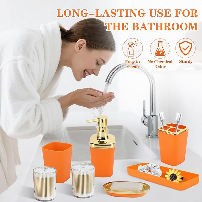 Orange Bathroom Accessories, 24 Pieces Orange and Gold Bathroom Accessories Set with Shower Curtain, Bath Towels, Trash Can, Soap Dispenser and Soap Dish for Bathroom/Housewarming