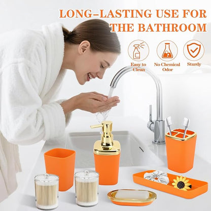 Orange Bathroom Accessories, 24 Pieces Orange and Gold Bathroom Accessories Set with Shower Curtain, Bath Towels, Trash Can, Soap Dispenser and Soap Dish for Bathroom/Housewarming