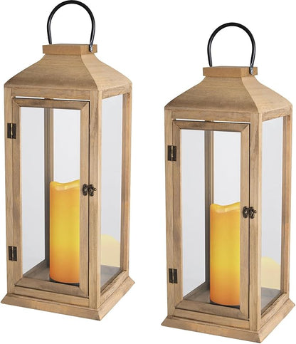Bdor 2 Pack Lanterns Decorative - 27.5in New Zealand Pine Lanterns Decorative with Flameless Pillar Candles, Decorative Lanterns for Home Decor, Indoor Outdoor, Front Porch, Garden, Farmhouse Style