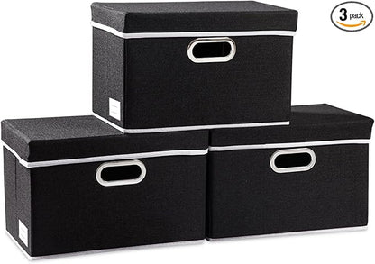 PRANDOM Foldable Storage Box with Lid [3-Pack] Fabric Collapsible Storage Bin Organizer Container Basket Cube with Cover for Home Bedroom Closet Office Nursery Black (14.9x9.8x9.8)