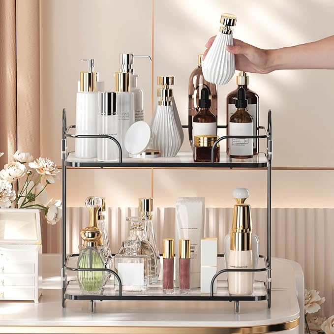 2 Tier Corner Bathroom Counter Organizer, Cosmetic Skincare Organizer, Bathroom Countertop Perfume Tray Vanity Organizer, Kitchen Spice Corner Storage Shelf