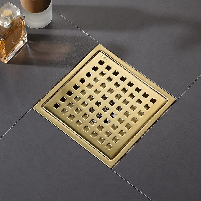 6 Inch Shower Drain Brushed Gold with Adjustable Shower Drain Base Flange SUS304 Stainless Steel Floor Drain Cover Removable Mesh Grille