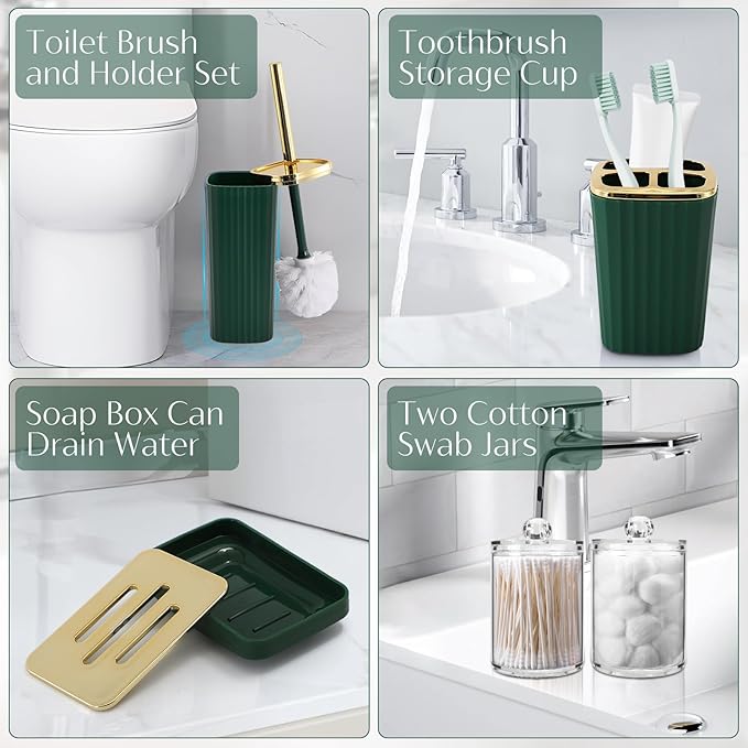 17PCS Bathroom Accessory Set Bathroom Set Hunter Green Bathroom Accessories,Toilet Brush, Trash Can, Qtip Holder Dispenser& 3PCS Soap Dispenser