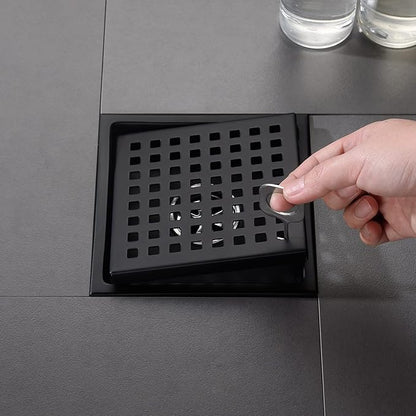 6 Inch Shower Drain Black Matte with Adjustable Shower Drain Base Flange SUS304 Stainless Steel Floor Drain Cover Removable Mesh Grille