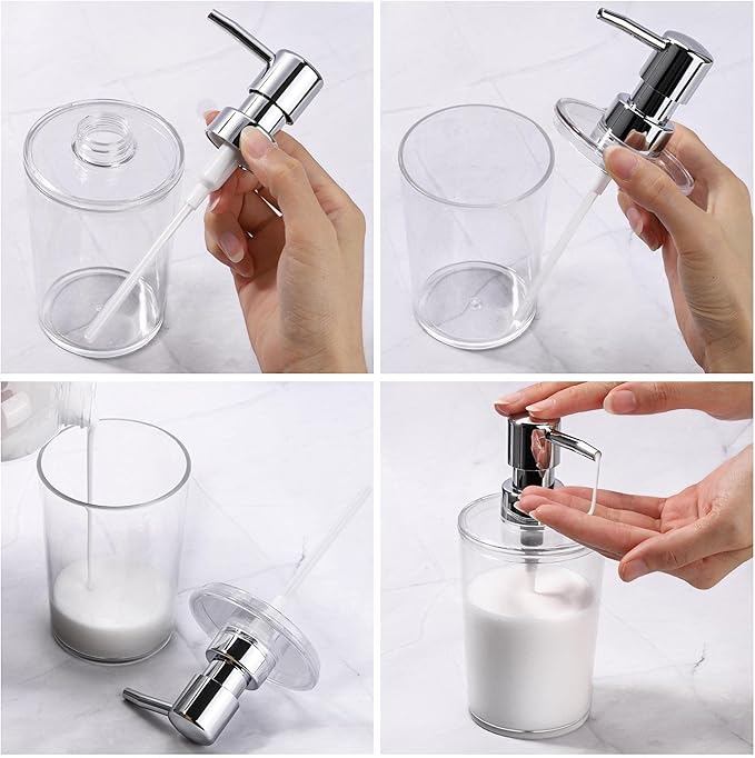 Plastic Clear Bathroom Accessories Set Complete 4 Pcs - Soap Dispenser, 2 Qtip Holder Jars and Toothbrush Holder, Counter Decor
