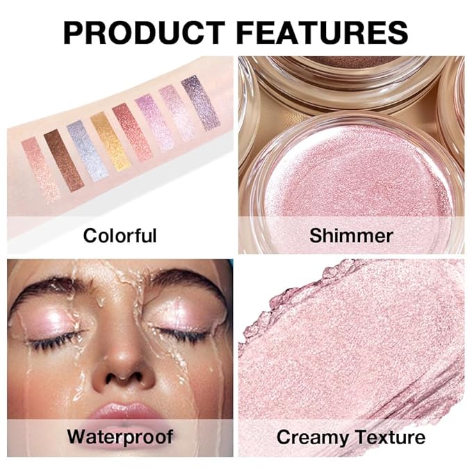 Cream Glitter Pale Pink Shimmer Metallic Eyeshadow Palette Makeup, Natural Single Mini Instant Holographic Eyeshadow For Older Women, Sombras Crema Para Ojos, Talc, Paraben & Cruelty Free