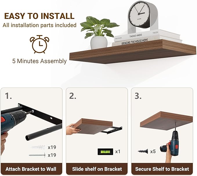 36 Inch Floating Shelves, 36"x9.25"x1.5" Inch Deep Floating Shelves for Wall, Wooden Shelves for Bathroom, Bedroom, Living Room, Walnut, 2 Pieces