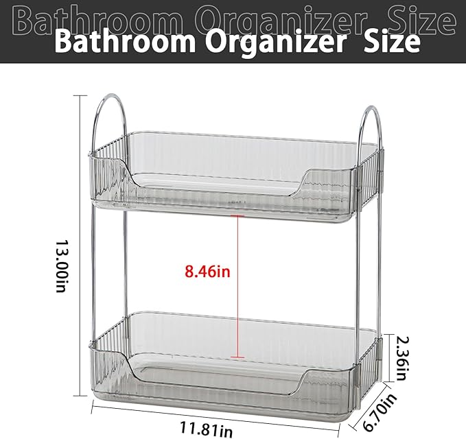 Bathroom Counter Organizer - Countertop Storage, Cosmetics & Skincare Shelf, Makeup Organizer, Perfume Tray, Spice Rack for Kitchen (2 Tier - Grey)