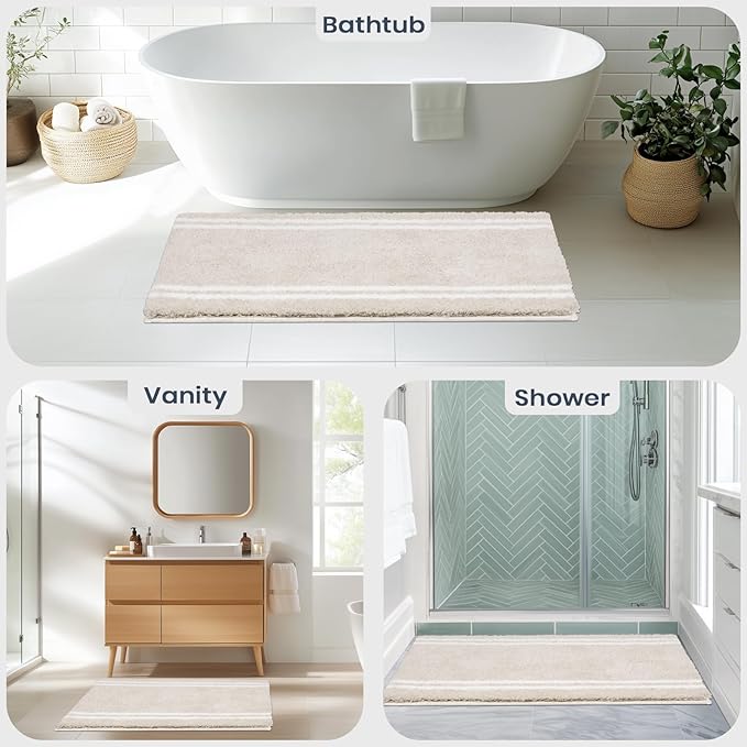 PURRUGS Bathroom Rug Non-Slip Machine Washable 20" x 30", Super Absorbent and Quick Dry Shaggy Microfiber Bath Mat, Extra Soft and Plush Bath Rug for Bathtub, Shower and Sink, Beige