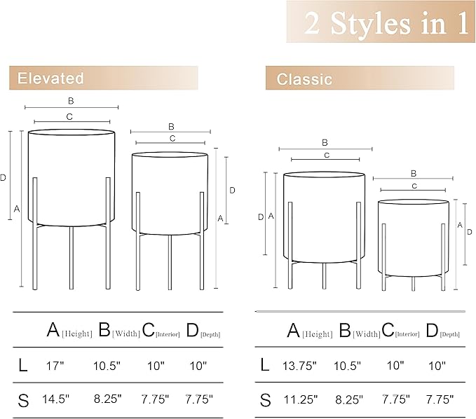 ARNIS Plants Pots with Stand, Set of 2 Planters, Unique Mid Century Decorative Metal Flower Pots with Drainage, 8.25 & 10.5 Inch, Black