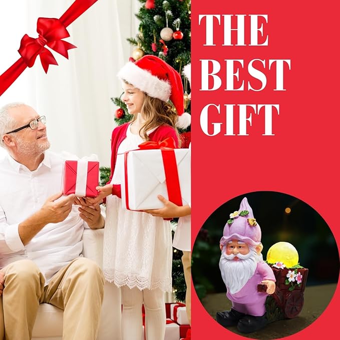 Solar Garden Gnome Statue with Crackle Glass Globe Lights, Waterproof Outdoor Decor for Patio, Lawn, or Yard, Whimsical Housewarming Gift(Pink Gnomes)