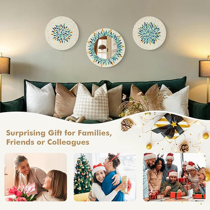 TEIPAI Jewel-Tone Mother of Pearl Mirror Wall Decor for Living Room, 3PCS Handmade Round Wall Art for Home Guest Room Decoration, Unique Mosaic Art Gift for Birthday Wedding Housewarming (Colored)