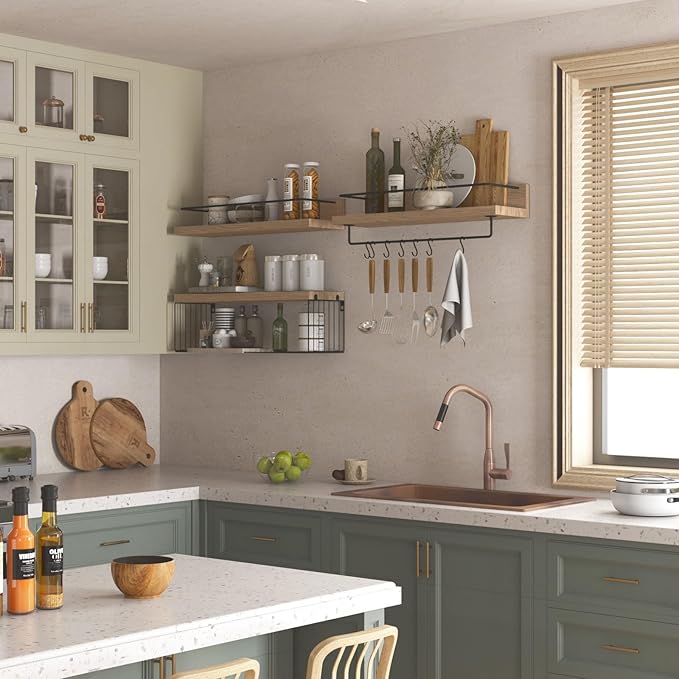 22.5 inches Bathroom Shelves Over Toilet for Wall, Floating Shelves with Storage Basket Paper Holer for Kitchen Living Room, Bedroom & Classroom, Set of 3 (Nature Wood)