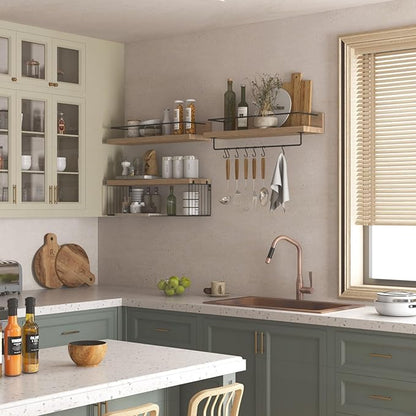 22.5 inches Bathroom Shelves Over Toilet for Wall, Floating Shelves with Storage Basket Paper Holer for Kitchen Living Room, Bedroom & Classroom, Set of 3 (Nature Wood)