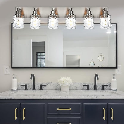 BONLICHT Vanity Light Fixture Brushed Nickel 6-Light Modern Farmhouse Wall Sconce Bathroom Lighting with Hammered Glass Industrial Wall Mount Lights for Kitchen Dining Room Cabinet Corridor