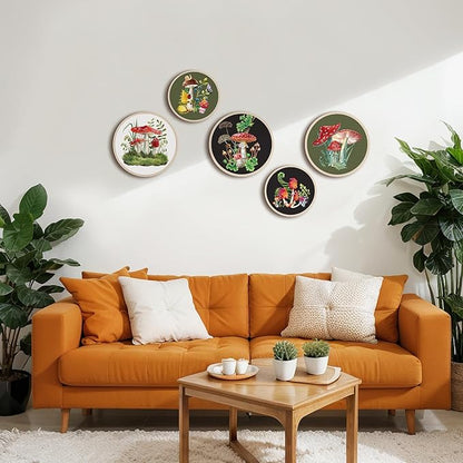 Qunclay 5 Pcs Wall Art Decor Wooden Living Room Wall Decor Bohemian Hanging Farmhouse Geometric 10'' and 8'' Aesthetic Wood Minimalist Posters for Bedroom(Mushroom)