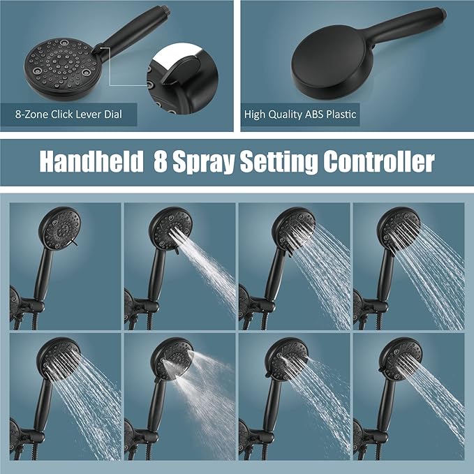 Aolemi Tub Shower Faucet Set with Tub Spout Rain Shower Head System Shower Trim Kit Pressure Rough-in Valve Included ABS 8 Setting Dual Shower Head and Handheld Spray Matte Black