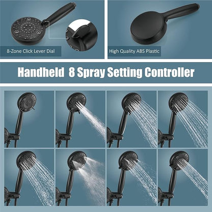 Aolemi Tub Shower Faucet Set with Tub Spout Rain Shower Head System Shower Trim Kit Pressure Rough-in Valve Included ABS 8 Setting Dual Shower Head and Handheld Spray Matte Black