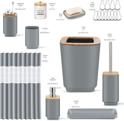 Bathroom Accessories Set,Grey Bathroom Set,24 Pieces Bathroom Accessory Set with Shower Curtain,Trash Can for Bathroom Accessories Décor and Home Gifts