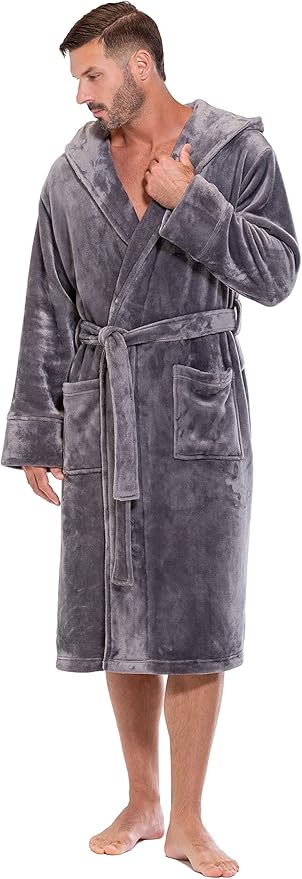 Turquaz Plush Robes For Men, Soft Fuzzy Hooded Mens Bathrobes, Long Comfy Robe For Men