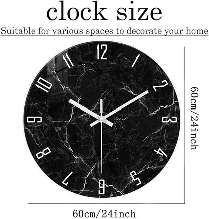 Oversized Decorative Clocks Battery Operated 24 Inch Marble Black Wall Clock for Office Round Non Ticking Wall Clock Silent