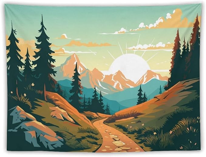 HZOHNAGO Mountain Tapestry Forest Mountain Sunrise Road Pattern Printed Wall Tapestry Wall Hanging for Bedroom Living Room Dorm 80" W x 60" H