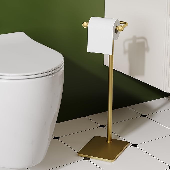 RUACQ Toilet Paper Holder Stand, Bathroom Toilet Paper Roll Holder Free Standing, Toilet Tissue Holder Stand with Post Pivoting Design, Stable Weighted Base, SUS304 Stainless Steel (Brushed Gold)