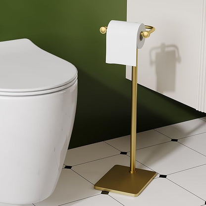 RUACQ Toilet Paper Holder Stand, Bathroom Toilet Paper Roll Holder Free Standing, Toilet Tissue Holder Stand with Post Pivoting Design, Stable Weighted Base, SUS304 Stainless Steel (Brushed Gold)