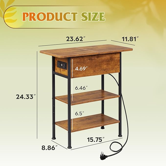 WLIVE End Table with Charging Station, Flip Top Side Table with Storage Shelf, Sofa Couch Table with USB Ports and Outlets, Narrow Bedside Table for Living Room, Bedroom Nightstand, Rustic Brown