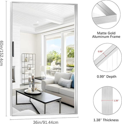Silver Bathroom Mirror, 36x60 Inch Rectangular Deep Frame Mirror, Large Wall Mounted Bathroom Vanity Mirror Over Sink for Bedroom,Restroom, Living Room, Hangs Vertically or Horizontally