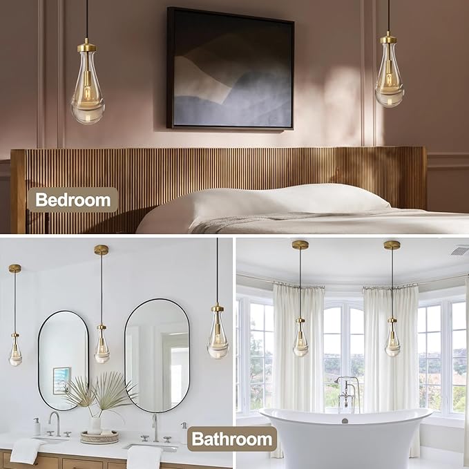 Raindrop Pendant Lights, Pendant Lights Kitchen Island, Brass Base Hanging Light Dining Room Light Fixture, Handblown Clear Kitchen Chandelier, Rope Pendant Lights for Living Room Hallway,E12 Bulb