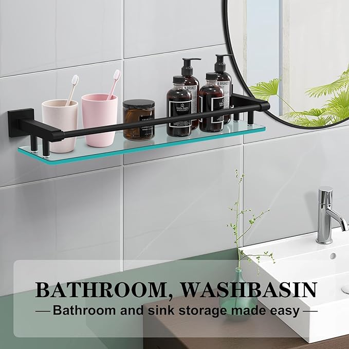 Bathroom Glass Shelf 20IN Rectangular Stainless Steel Tempered Glass Shelves Modern Stainless Steel Wall Mount Bathroom Shelf (Matte Black, 20‘’)