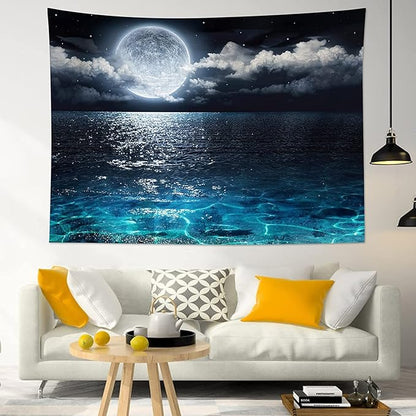 LB Moon Over Ocean Tapestry, Night Sky Tapestry Wall Hanging,3D Fantasy Psychedelic Watercolor Wall Art for Bedroom Living Room Dorm Home Decor,48 x 36 Inches
