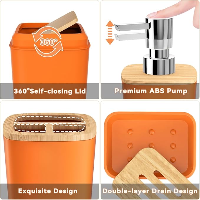 Orange Bathroom Accessories Set 9 Piece Bathroom Accessory Set with Trash Can,Toothbrush Holder,Toothbrush Cup,Lotion Soap Dispenser,Vanity Tray,Soap Dish,Toilet Brush,Qtip Holder