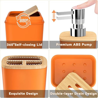 Orange Bathroom Accessories Set 9 Piece Bathroom Accessory Set with Trash Can,Toothbrush Holder,Toothbrush Cup,Lotion Soap Dispenser,Vanity Tray,Soap Dish,Toilet Brush,Qtip Holder