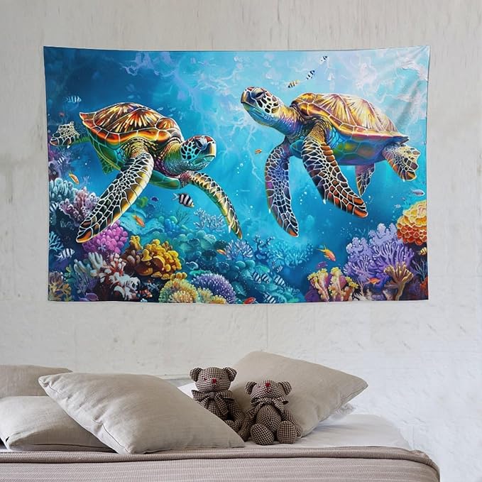 Sea Turtle Tapestry Ocean Tapestries Fabric Wall Hanging Aesthetic Space Coastal Indoor Outdoor Wall Art Tablecloth Bedspread Decoration for Bedroom Dormitory Living Room Home Decor 40"x60"