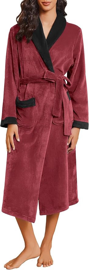 Ekouaer Robes for Women Soft Long Bathrobe Lightweight Fleece Shawl Collar Spa Robe Cozy Sleepwear with Pockets S-XXL