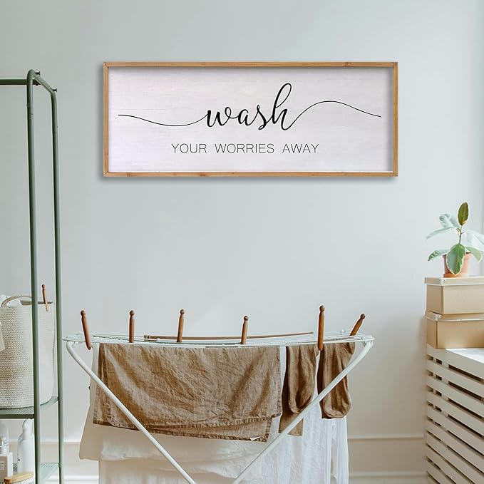 Wash Your Worries Away Bathroom Wall Art 24×10 Inch Wood Framed Decor Funny for Laundry Room Restroom Modern Rustic Inspirational Sign (Wood)
