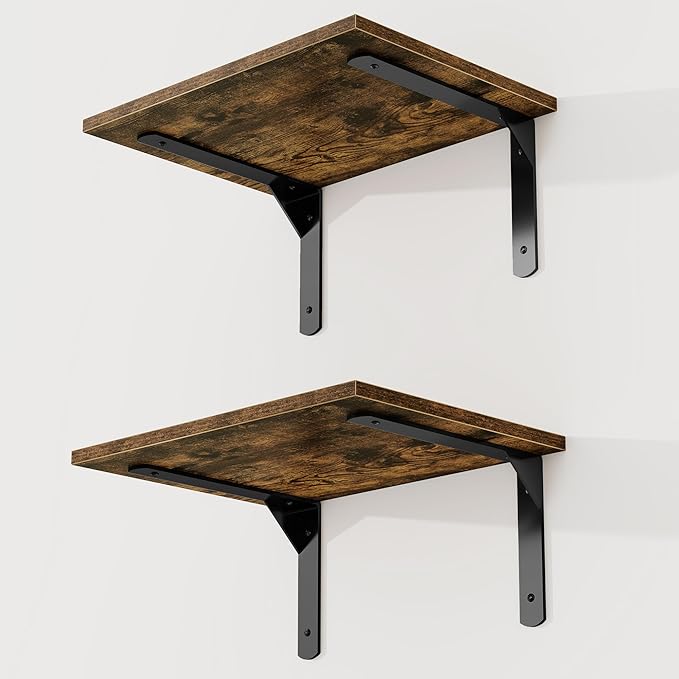 16" W x 12" D Floating Shelves for Wall, 12 Inch Deep Floating Shelf with Visible Bracket, Rustic Wood Bookshelf Wall Mounted, Deep Bathroom Shelves for Storage, Rustic Brown, Set of 2
