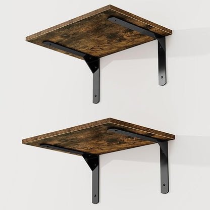 16" W x 12" D Floating Shelves for Wall, 12 Inch Deep Floating Shelf with Visible Bracket, Rustic Wood Bookshelf Wall Mounted, Deep Bathroom Shelves for Storage, Rustic Brown, Set of 2