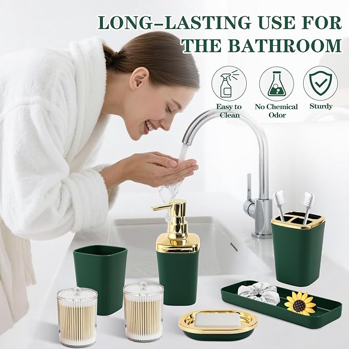 Dark Green Bathroom Accessories Set, Green and Gold Bathroom Accessories with Trash Can, Soap Dispenser, Soap Dish, Toothbrush Holder and Q-tip Holders