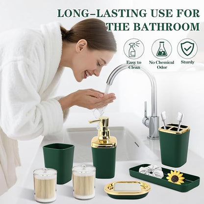 Dark Green Bathroom Accessories Set, Green and Gold Bathroom Accessories with Trash Can, Soap Dispenser, Soap Dish, Toothbrush Holder and Q-tip Holders