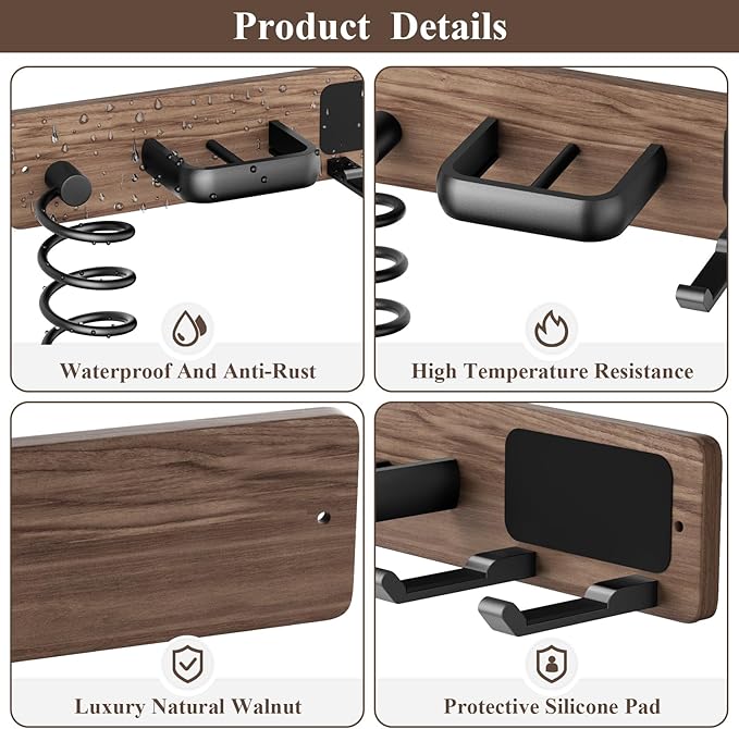 Tindbea Hair Dryer Holder Curling Iron Holder Flat Iron, Blow Dryer Holder Wall Mount, 3 in 1 Bathroom Hair Tool Organizer Rack for Universal Dryer, Walnut Matte Black