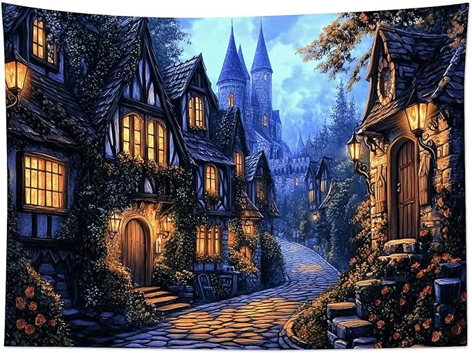 LB Vintage Castle Tapestry, Night Street Old House and Green Tree Wall Tapestry for Bedroom Aesthetic, Village Gothic Wall Art for Living Room Dorm Home Decor Ready to Hanging, 48 x 36 Inches