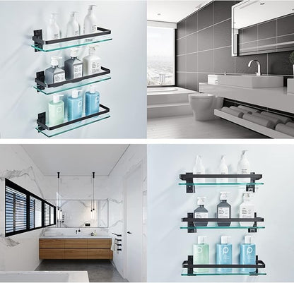 AIJALY 2 Pack Bathroom Glass Shelf,Aluminum Tempered Glass 0.34in Extra Thick Rectangular 1 Tier Storage Organizer Wall Mount,Black 15.7in