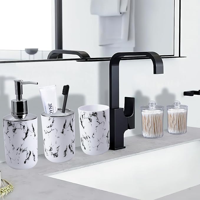 White Marble Bathroom Accessories Set, White Bathroom Set with Trash Can, Vanity Tray, Soap Dispenser, Soap Dish, Toothbrush Holder, Toothbrush Cup, Toilet Brush and Qtip Holders for Bathroom